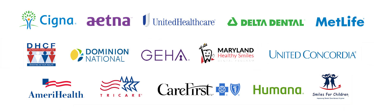 Logos of insurances that are accepted: Cigna, Aetna, United HealthCare, Humana, Delta Dental, MetLife, DHCE, Dominion National, GEHA, Maryland Healthy Smiles, Smiles for Children, Tricare, United Concordia